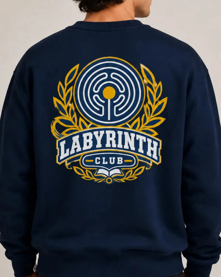 Navy Labyrinth Club unisex crewneck sweatshirt with large labyrinth and laurel back graphic.
