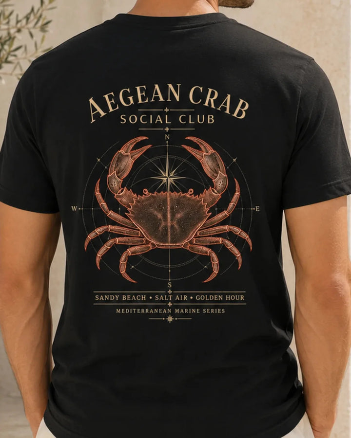Black Aegean Crab Social Club Tee with nautical crab back graphic