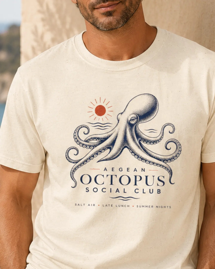 Aegean Octopus Social Club T-Shirt in natural Gildan 5000 with Mediterranean octopus front print