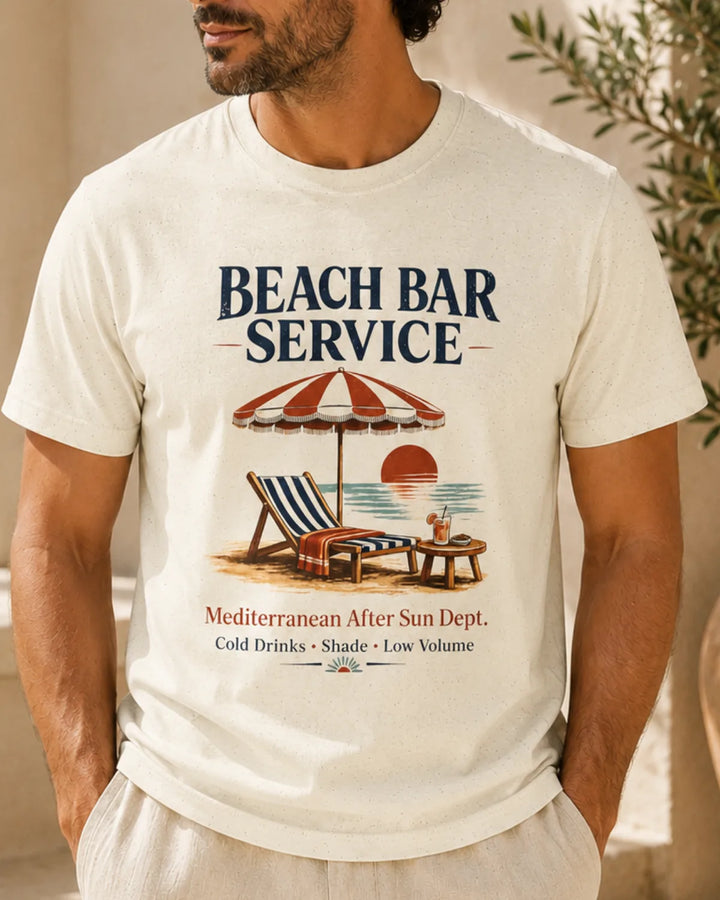 Beach Bar Service T-Shirt with Mediterranean beach bar graphic on Natural unisex tee