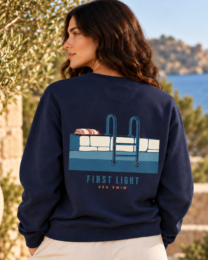 First Light Sea Swim True Navy sweatshirt card image focused on the large Mediterranean sea ladder back design