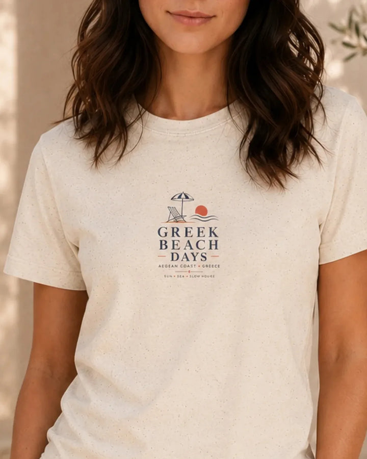 Greek Beach Days T-Shirt in Natural with small centered chest print