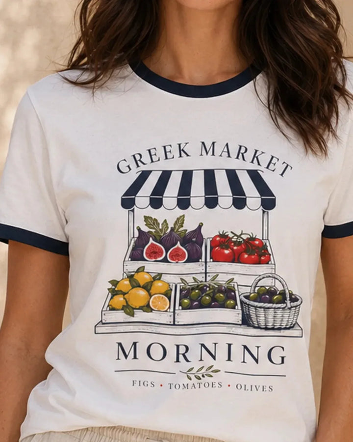 Model wearing the Greek Market Morning White and Navy ringer T-shirt
