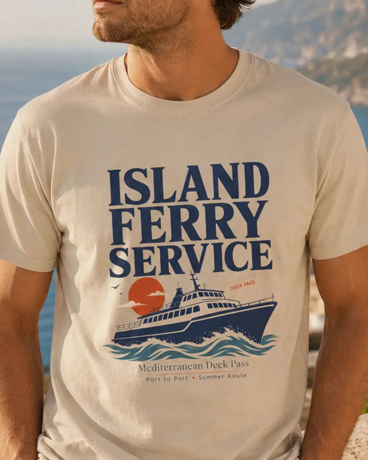 Island Ferry Service graphic T-shirt in Natural with Mediterranean ferry artwork