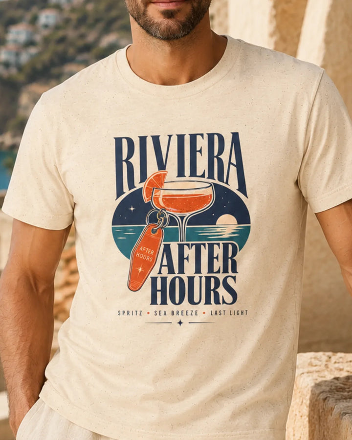 Riviera After Hours T-shirt in Sand with Mediterranean resortwear graphic print