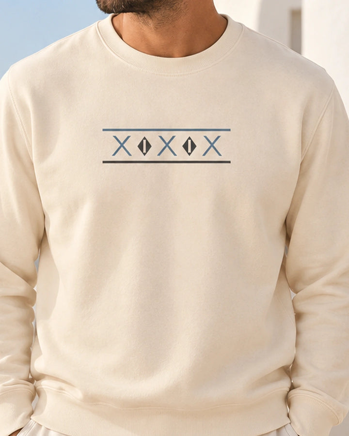 Tinos Dovecote Geometry Ivory crewneck on male model, design-focused portrait product card