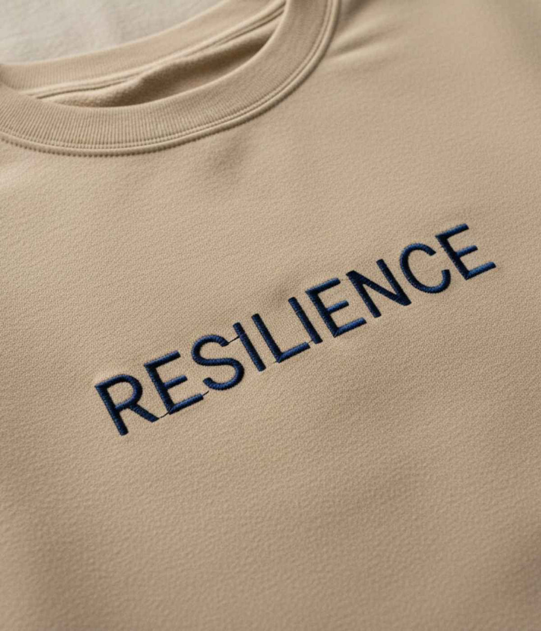 Beige sweatshirt with navy “Resilience” embroidery captured in warm natural light.