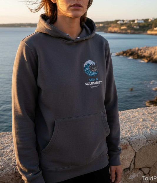 Person wearing dark gray hoodie with blue wave embroidery and “Sea & Solidarity” text overlooking the sea.