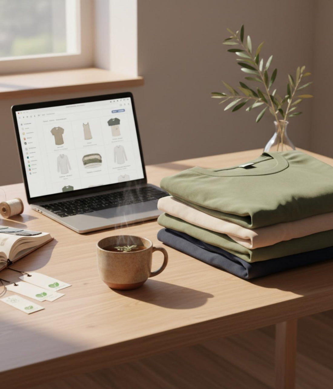 Stack of folded shirts beside a laptop showing product designs, coffee cup, and olive branch on a wooden desk.