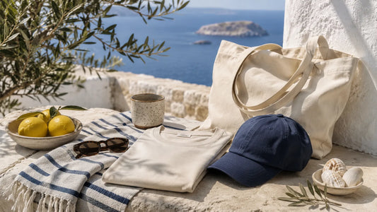 Greek Summer Classics Mediterranean lifestyle scene with neutral apparel, tote bag, navy cap, lemons, and sea view