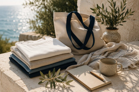 Mediterranean Calm lifestyle scene with neutral clothing, tote bag, soft fabric textures, natural light, and coastal Mediterranean details