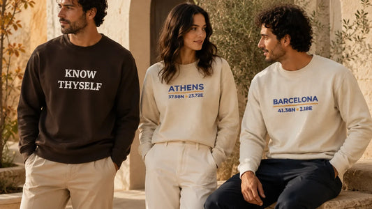 ToldPrint Fall 2026 embroidered sweatshirts featuring Know Thyself, Athens Coordinates and Barcelona Coordinates in a Mediterranean courtyard setting.