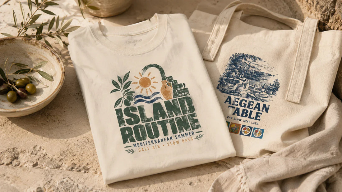 Mediterranean resortwear flat lay with Island Routine T-shirt, Aegean Table tote bag, olives and warm coastal textures by ToldPrint