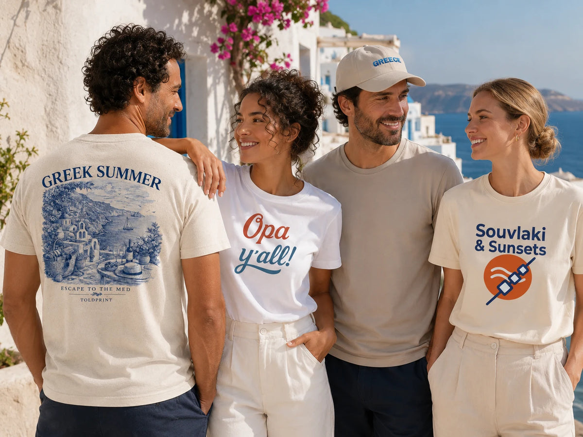 ToldPrint Greek Summer Classics collection featuring Greek summer graphic T-shirts and resortwear