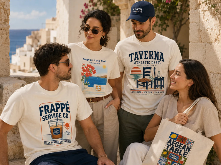 ToldPrint Mediterranean apparel and accessories collection featuring graphic T-shirts tote bags caps and resortwear