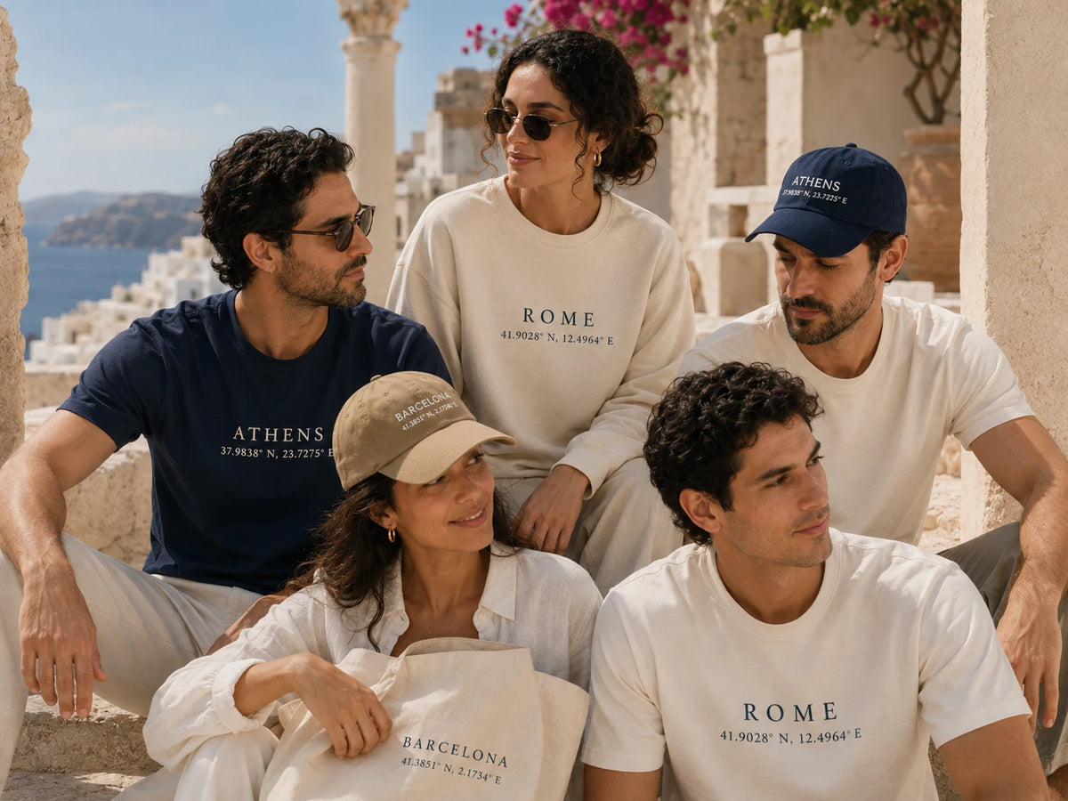ToldPrint Coordinates Series featuring Athens Rome and Barcelona travel inspired apparel and accessories
