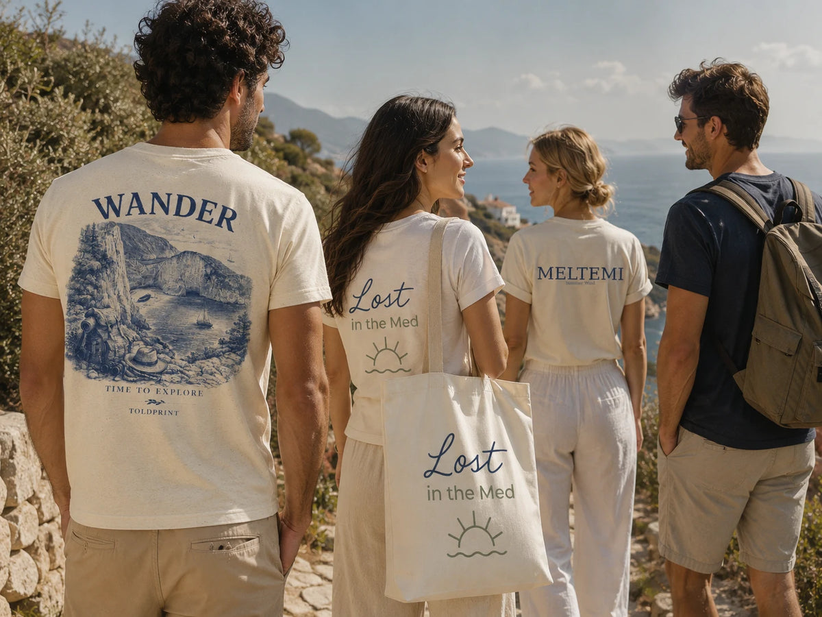 ToldPrint Wander Collection featuring travel inspired Mediterranean graphic apparel