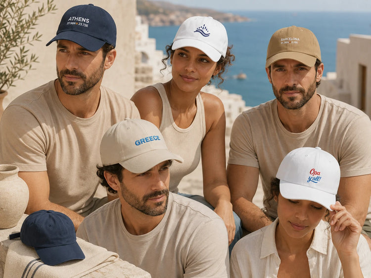 ToldPrint embroidered caps and hats with Mediterranean travel graphics