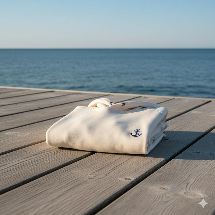 Hoodie with small anchor embroidery placed on wooden dock by the sea. Gentle sunlight, blue horizon, clean minimalist styling.