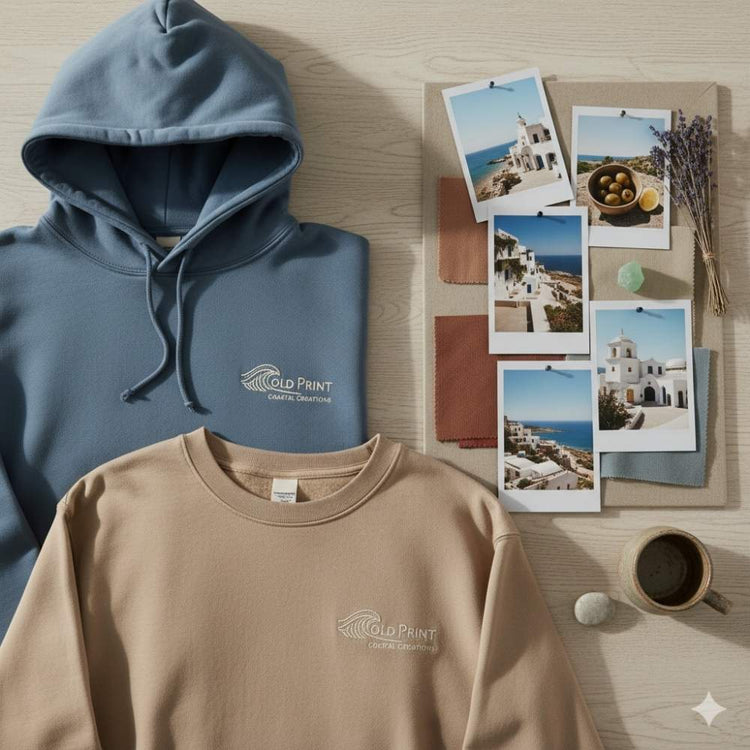 Unisex hoodie and crewneck sweatshirt on wooden surface, embroidery visible. Natural daylight, muted tones, Mediterranean moodboard beside.