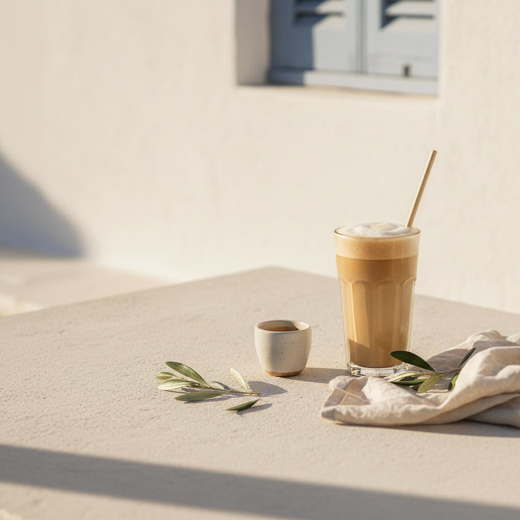 Sunlit Mediterranean coffee scene with iced latte, small ceramic cup and olive leaves on a plaster table.