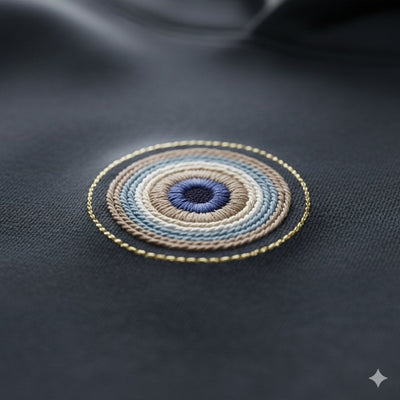 Close-up of embroidered evil-eye hoodie on dark fabric. Soft focus, mystic light, neutral palette, symbolic aesthetic.