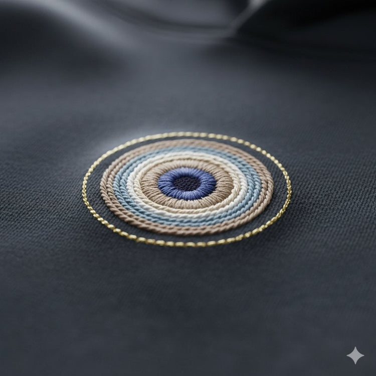 Close-up of embroidered evil-eye hoodie on dark fabric. Soft focus, mystic light, neutral palette, symbolic aesthetic.