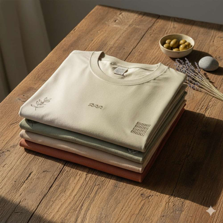 Folded t-shirts stacked on rustic table, featuring subtle Mediterranean-inspired prints. Natural warm lighting, neutral tones.