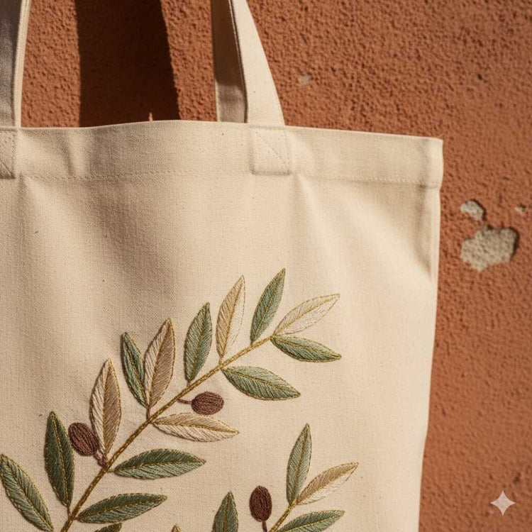 Embroidered tote bag eaturing olive branch or pomegranate symbol, photographed against terracotta wall under Mediterranean sunlight.