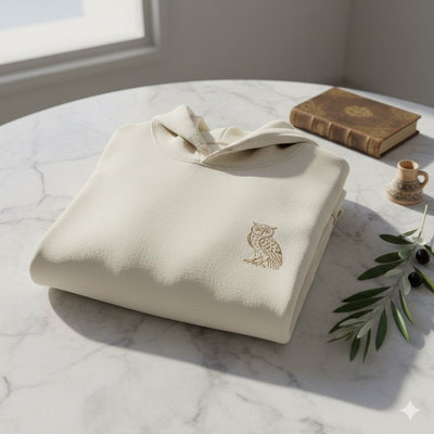Folded hoodie with small embroidery of Greek myth symbol (owl, labyrinth, medusa) on marble surface. Neutral tones, soft daylight, timeless feel.