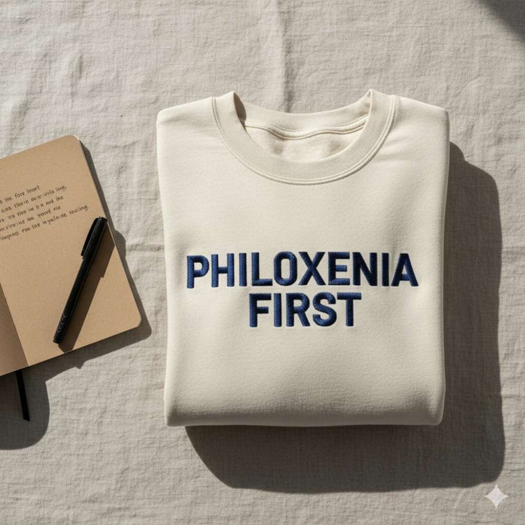 Flat-lay of activist-style sweatshirt with embroidered slogan “Philoxenia First.” Natural light, notebook and pen nearby, minimalist activist aesthetic.
