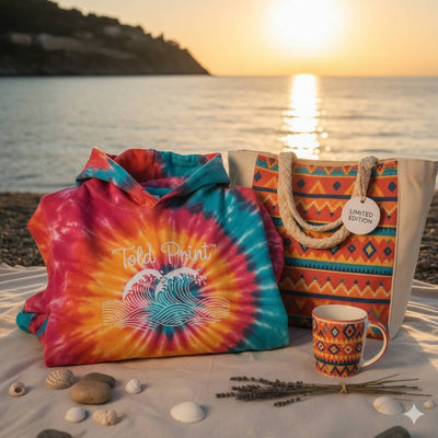 Seasonal flat-lay — colorful hoodie, festive tote bag, and mug with limited-edition tag. Warm sunset lighting, Mediterranean summer backdrop.