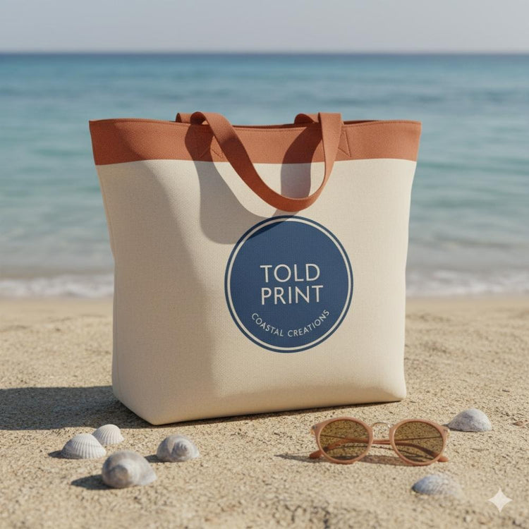 Tote bag on sandy surface with seashells and sunglasses. Coastal light, minimalist branding, Mediterranean color palette (terracotta, beige, blue).