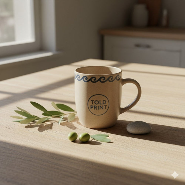 Ceramic mug on wooden breakfast table with sunlight and olive leaves. Soft shadows, Mediterranean aesthetic, calm neutral palette.