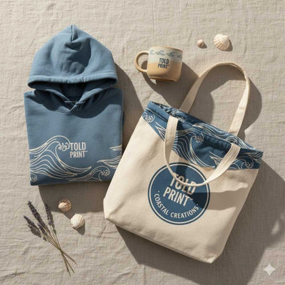 Flat-lay of assorted Told Print™ products — folded hoodie, tote bag, and mug on linen background. Soft Mediterranean light, minimal aesthetic, beige and ocean blue tones.