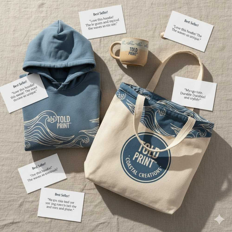 Flat-lay of best-selling Told Print™ products. A hoodie, tote bag, and mug arranged aesthetically with customer review cards and warm natural light.