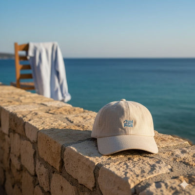 Unisex embroidered cap placed on a stone wall by the sea. Mediterranean sunlight, blue sky, linen shirt in background. Natural aesthetic, minimalist branding, warm beige and blue palette.