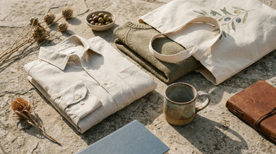 Mediterranean lifestyle flat lay with folded shirt, canvas tote, ceramic mug and olive branches on stone