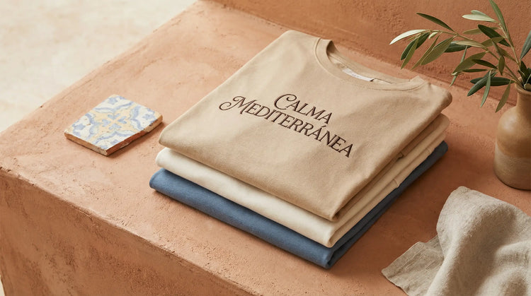 Stack of embroidered Mediterranean sweatshirts on terracotta surface in soft natural light