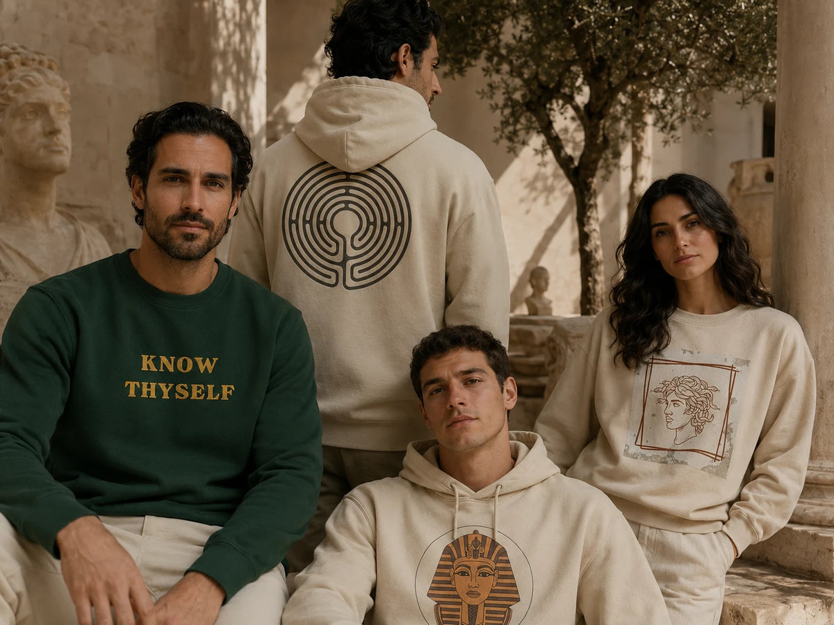 ToldPrint Ancient Revival collection featuring symbolic Mediterranean hoodies sweatshirts and heritage graphics