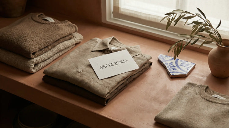 Spanish-inspired apparel flat lay with folded garments and ceramic details in warm window light