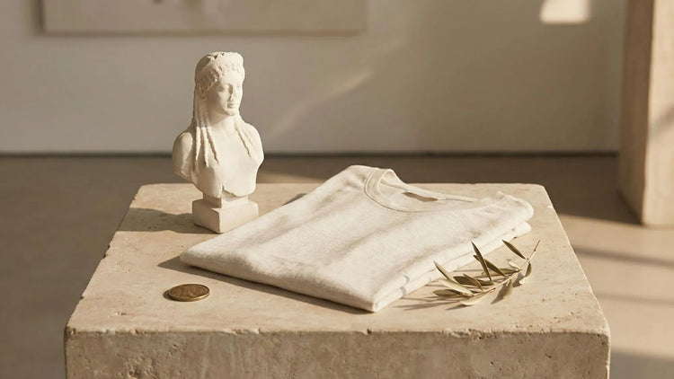 Minimal still life with small plaster bust, folded neutral t-shirt, brass coin and olive leaf on a stone surface.