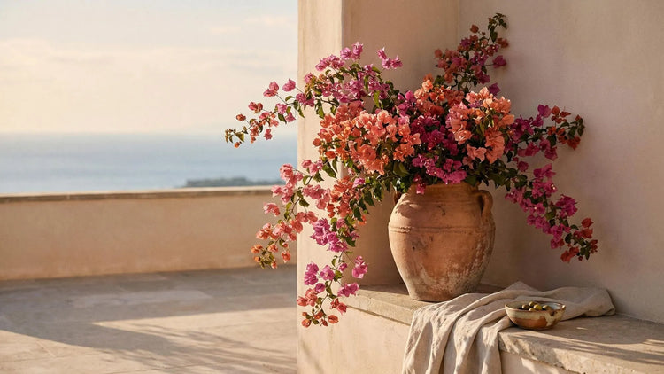 Terracotta pot with blooming bougainvillea on a bright balcony ledge, with sea and sky softly in the background.