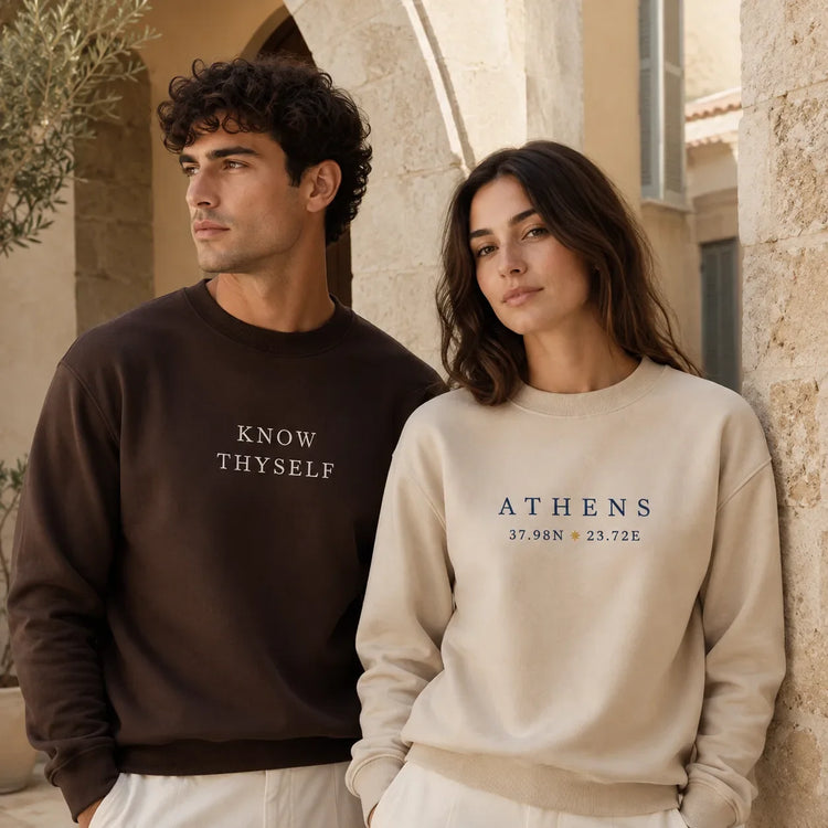 ToldPrint Fall 2026 Mediterranean-inspired sweatshirt collection featuring Know Thyself embroidery and Athens Coordinates designs