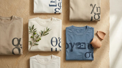 Editorial flat lay of folded Greekify apparel in sand, off-white, and muted blue with abstract Greek typography, olive branch, and ceramic fragments on a warm plaster surface.