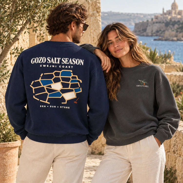 ToldPrint Mediterranean Working Seasons collection featuring Grove to Mill and Gozo Salt Season sweatshirts in a Mediterranean setting