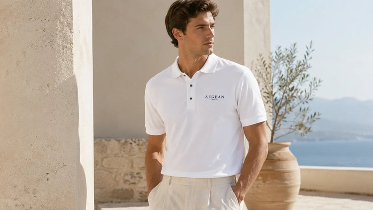 AEGEAN embroidered polo shirt styled with linen trousers in a Mediterranean coastal setting