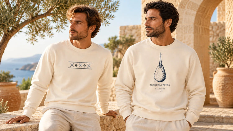 ToldPrint Signature: Tinos Dovecote Geometry and Skandalopetra Kalymnos Ivory crewnecks photographed in a Mediterranean courtyard