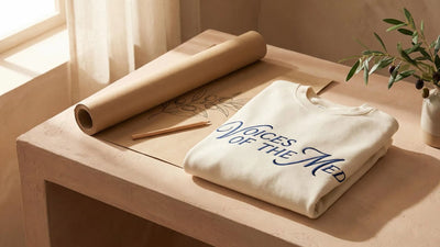 Editorial photo of folded cream sweatshirt with subtle slogan, kraft paper poster and olive branch on a light table.
