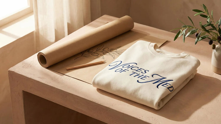 Editorial photo of folded cream sweatshirt with subtle slogan, kraft paper poster and olive branch on a light table.